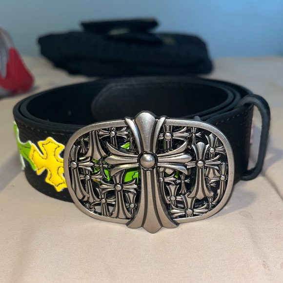 Men’s Chrome Hearts Color Cross Patch Black Belt Silver Gothic Cross Buckle - Picture 4 of 6